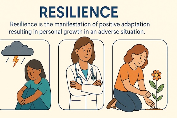 Female doctor demonstrates resilience overcomes adversity and views life positively.