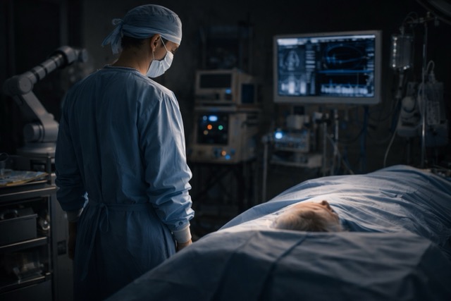 surgeon waiting at the cross roads at patient's bedside
