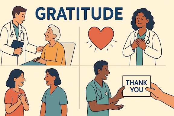 Doctors and nurses and patients show gratitude and express thanks